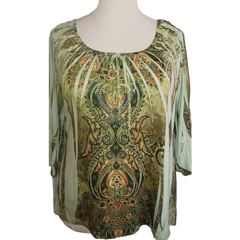 NWT SAINT TROPEZ WEST Womens 1X Boho Peasant Green Paisley Bling 3/4 Sleeve Top